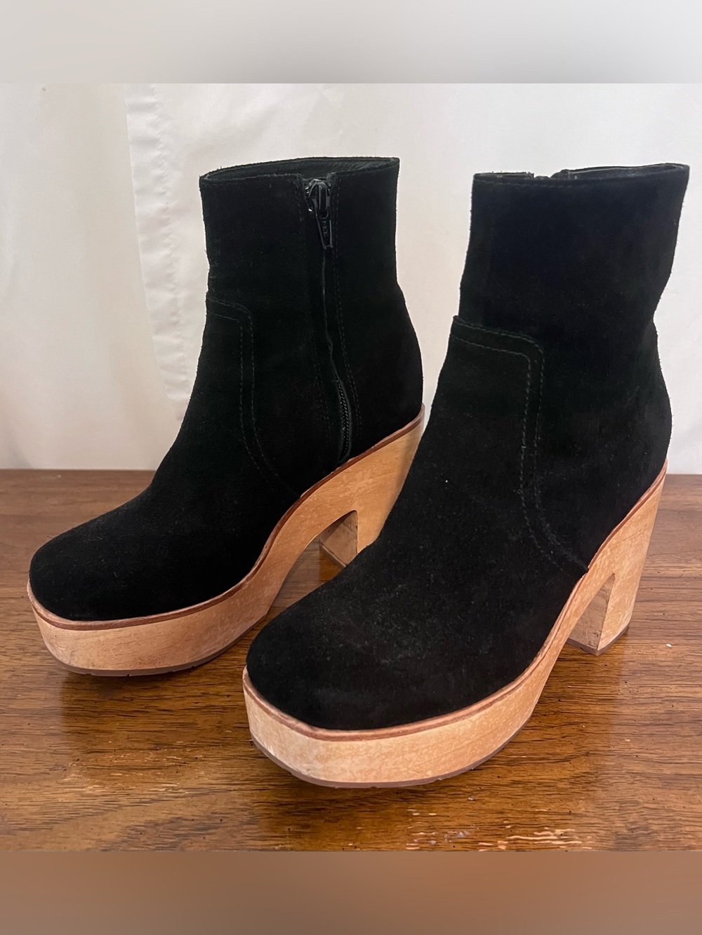 Charlotte Stone Paz Black Suede Wood Platform Ankle Boots